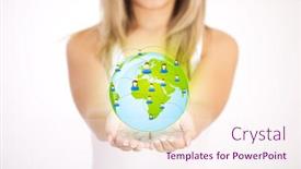  Presentation with green planet - Audience pleasing slide deck consisting of woman hands holding eco sign concept save green planet symbol of environmental protection backdrop and a sky blue colored foreground