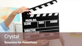  Presentation with clapper - Beautiful PPT theme featuring woman hands holding film clapper close up backdrop and a violet colored foreground