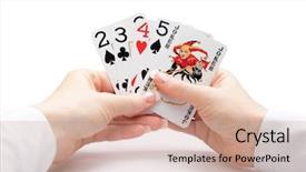  Presentation with playing cards - Presentation theme having woman hands holding playing cards background and a coral colored foreground