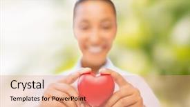  Presentation with heart health - PPT theme having woman hands holding red heart background and a coral colored foreground