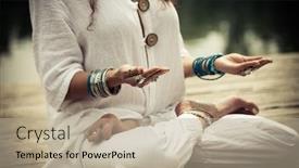 Presentation with yoga - Theme with woman hands in yoga symbolic gesture mudra wearing lot of bracelets and rings outdoor closeup by the lake summer day background and a mint green colored foreground