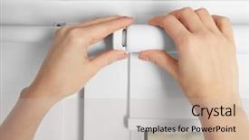  Presentation with blind - Presentation theme featuring woman hands installing window blinds background and a soft green colored foreground