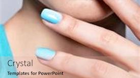  Presentation with nails manicure - Amazing PPT theme having woman hands nails manicure fashion blue jewelry female hands with blue fingernails backdrop and a coral colored foreground
