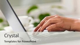  Presentation with hands of anonymous hackers typing - Theme enhanced with woman hands typing on laptop background and a light gray colored foreground