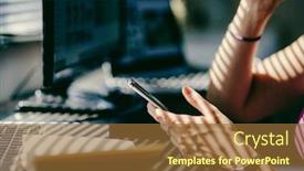  Presentation with home office - PPT layouts enhanced with woman-hands-using-smartphone-home background and a tawny brown colored foreground