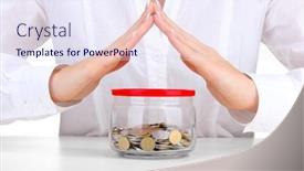  Presentation with glass - PPT theme having woman-hands-with-coins background and a sky blue colored foreground
