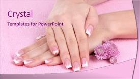  Presentation with manicure - Presentation theme having woman hands with french manicure and flowers on pink towel background and a lemonade colored foreground