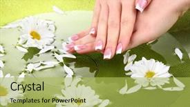  Presentation with manicure - Colorful presentation enhanced with woman hands with french manicure and flowers in green bowl with water backdrop and a yellow colored foreground
