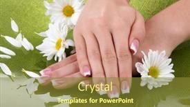  Presentation with manicure - Audience pleasing theme consisting of woman hands with french manicure and flowers on green background backdrop and a tawny brown colored foreground
