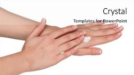  Presentation with manicure - Theme enhanced with woman hands with french manicure applying hand cream isolated on white background background and a white colored foreground