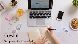  Presentation with work - Cool new PPT theme with woman hands with laptop computer backdrop and a coral colored foreground