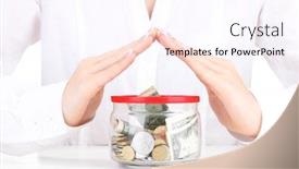  Presentation with glass - Colorful PPT theme enhanced with woman-hands-with-money backdrop and a pink colored foreground