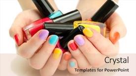  Presentation with colorful hands - Presentation design enhanced with woman hands with nail polishes background and a coral colored foreground