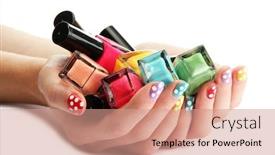  Presentation with nail - Cool new presentation theme with cosmetics accessories manicure - woman hands with nail polishes backdrop and a coral colored foreground