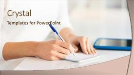  Presentation with writing pen - Cool new PPT theme with woman hands with pen writing backdrop and a sky blue colored foreground