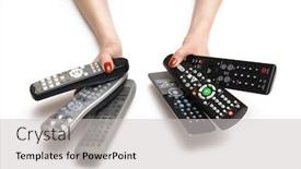  Presentation with controls - Colorful presentation theme enhanced with woman hands with tv remote controls isolated on white backdrop and a light gray colored foreground