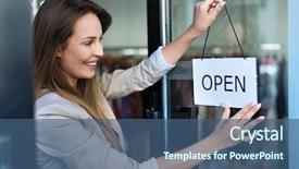  Presentation with open door - PPT theme with woman hanging open sign background and a ocean colored foreground
