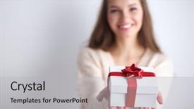  Presentation with gift - PPT theme consisting of woman happy smile hold gift background and a light gray colored foreground
