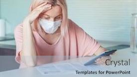  Presentation with financial crisis - Amazing PPT theme having woman-has-financial-problems-coronavirus backdrop and a light blue colored foreground