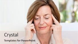  Presentation with headache - Beautiful PPT theme featuring woman having a headache backdrop and a coral colored foreground