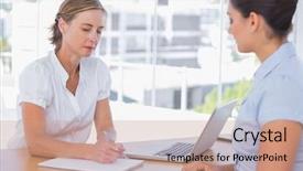  Presentation with job interview - Audience pleasing slides consisting of woman having a job interview with a businesswoman backdrop and a coral colored foreground