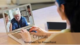  Presentation with meeting family - Slide set having woman-having-a-video-meeting background and a coral colored foreground