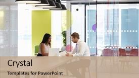  Presentation with man woman - Cool new slide deck with woman having an informal meeting backdrop and a coral colored foreground