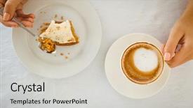  Presentation with coffee recucle - Colorful slides enhanced with woman having cake and coffee backdrop and a  colored foreground