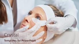  Presentation with beauty salon - Presentation theme having woman-having-cosmetology-eyebrows-treatment background and a coral colored foreground