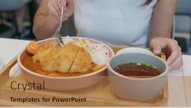  Presentation with curry - Slide set consisting of woman-having-curry-pork-rice background and a coral colored foreground