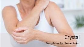  Presentation with shoulder pain - Colorful presentation design enhanced with woman having elbow pain backdrop and a lemonade colored foreground