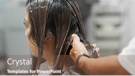  Presentation with hair salon - Beautiful slide set featuring woman having hair straightening treatment in hair salon backdrop and a tawny brown colored foreground