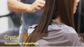  Presentation with hair salon - Slide deck featuring woman having hair straightening treatment in hair salon background and a tawny brown colored foreground