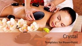  Presentation with spa concept stone - Amazing slide deck having woman having hot stone massage backdrop and a coral colored foreground