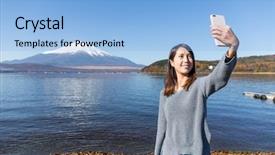  Presentation with mount fuji - Audience pleasing slide deck consisting of woman having video call backdrop and a  colored foreground