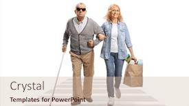  Presentation with helping man - Presentation design with woman-helping-a-blind-senior background and a soft green colored foreground