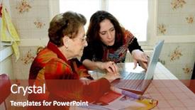  Presentation with helping - Colorful presentation theme enhanced with woman helping grandmother with computer backdrop and a tawny brown colored foreground