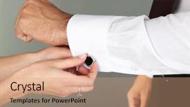  Presentation with helping man - Audience pleasing PPT theme consisting of woman helping man to do collar button up on grey background backdrop and a coral colored foreground