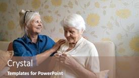  Presentation with helping - Beautiful presentation design featuring woman-helping-senior-woman-dress backdrop and a coral colored foreground
