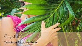  Presentation with tropical leave - Beautiful slide deck featuring woman-hide-face-behind-palm backdrop and a coral colored foreground