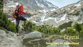  Presentation with mountain hiking - PPT theme enhanced with woman-hiker-hiking-backpacker-traveler background and a tawny brown colored foreground