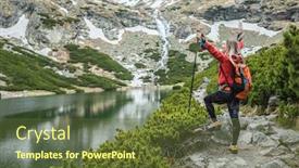  Presentation with hiking mountain - Colorful presentation theme enhanced with woman-hiker-hiking-backpacker-traveler backdrop and a tawny brown colored foreground