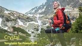  Presentation with mountain hiking - Slides enhanced with woman-hiker-hiking-backpacker-traveler background and a tawny brown colored foreground