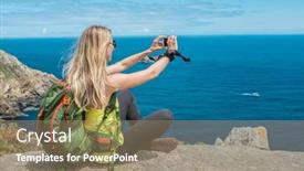  Presentation with mountain hiking - Presentation theme with woman-hiker-hiking-backpacker-traveler background and a coral colored foreground