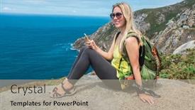  Presentation with hiking mountain - Presentation theme consisting of woman-hiker-hiking-backpacker-traveler background and a light gray colored foreground