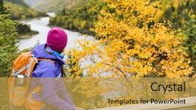  Presentation with adventure river - Slides with woman hiker hiking looking background and a yellow colored foreground