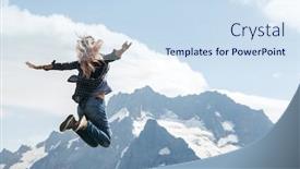  Presentation with skies - Cool new presentation theme with woman-hiker-jumping-on-top backdrop and a sky blue colored foreground