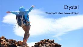  Presentation with mountain top - Audience pleasing slides consisting of woman hiker reaching her goal backdrop and a light blue colored foreground