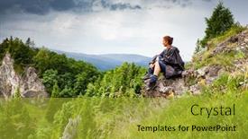  Presentation with spring - Beautiful presentation theme featuring woman-hiker-with-raincoat-looking backdrop and a gold colored foreground