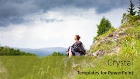  Presentation with spring - Amazing PPT theme having woman-hiker-with-raincoat-looking backdrop and a gold colored foreground